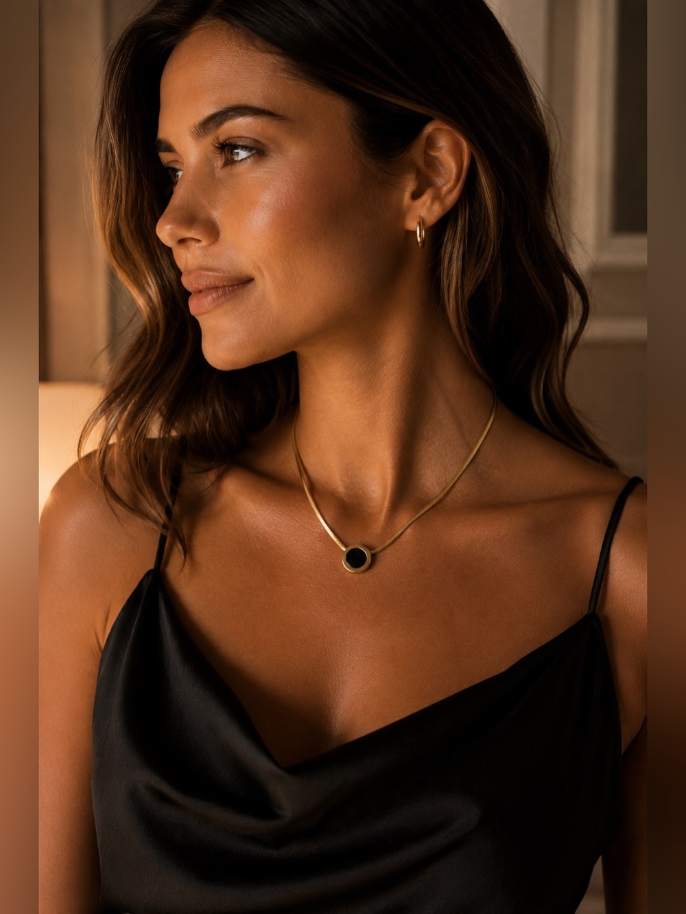18K Gold Plated Black Onyx Pendant Necklace Waterproof Stainless Steel